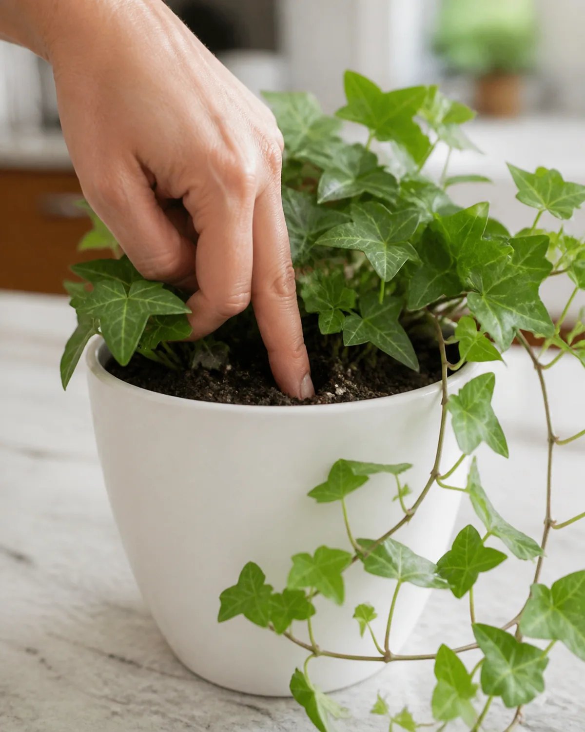 A person using the finger test to check soil moisture in a potted English ivy plant with the finger inserted about one inch into the soil surface with healthy full green foliage in a white pot in natural indoor light