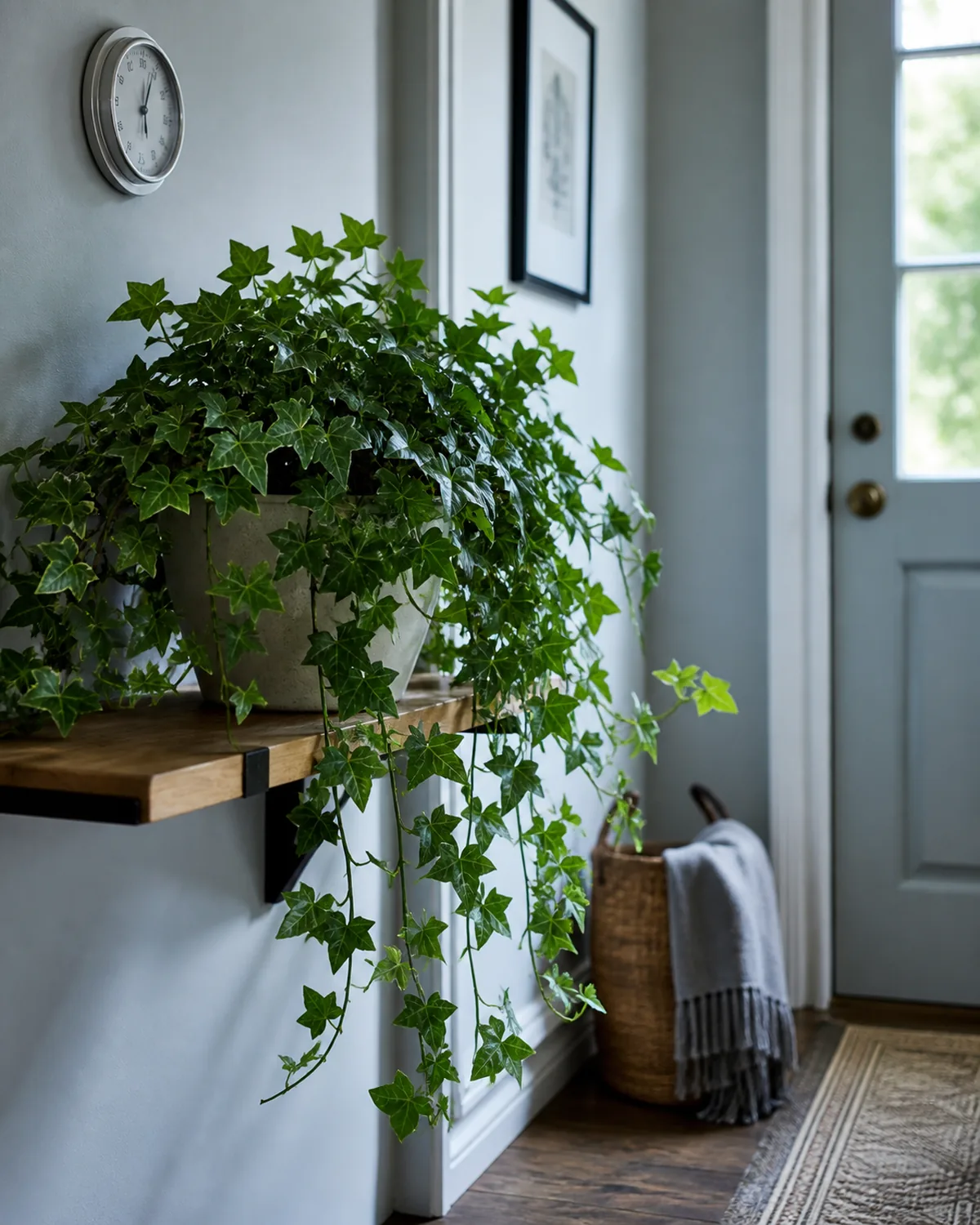 An English ivy plant thriving on a shelf in a cool hallway with visible cool-toned natural light near a front door with a small window with lush and full foliage showing no signs of stress