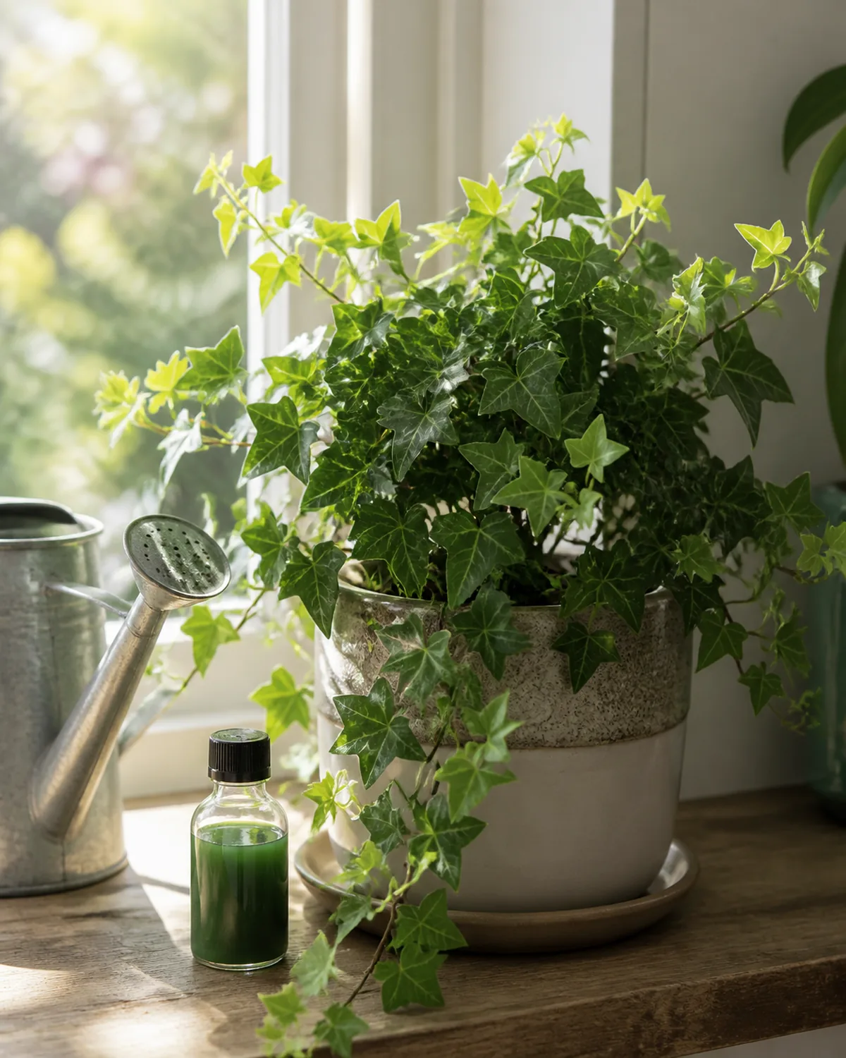 A small bottle of liquid plant fertilizer next to a healthy potted English ivy on a sunny windowsill in spring with a watering can nearby and vigorous new light-green growth at the vine tips indicating active growing season
