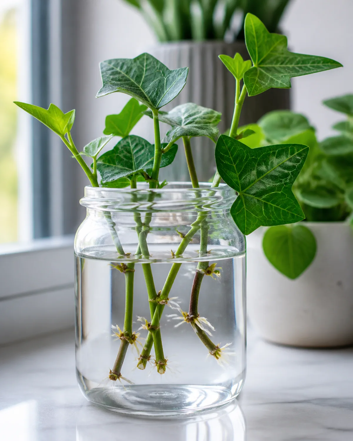 Several English ivy stem cuttings with two to three nodes each sitting in a clear glass jar of water on a bright windowsill with small white roots beginning to emerge from the submerged nodes in clean bright natural light
