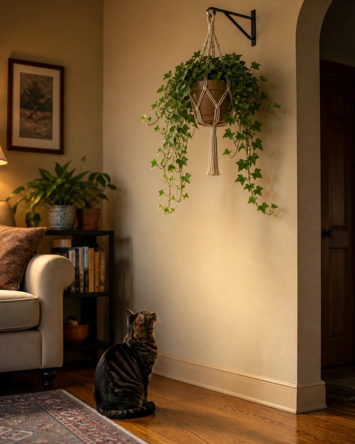 An English ivy plant hanging high on a wall-mounted hook well out of reach of an orange cat sitting on the floor below looking up at the trailing vines in a macrame hanger in a cozy living room with warm ambient light