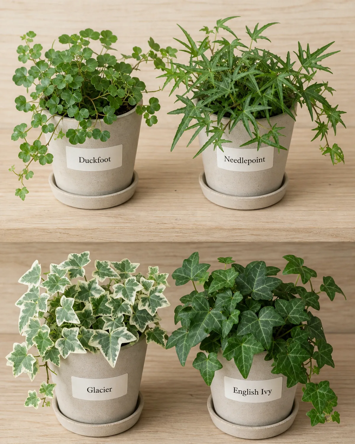 A styled shelf display of four different English ivy varieties in small matching terracotta pots showing the visual contrast between varieties including tiny rounded Duckfoot leaves deeply cut Needlepoint lobes white-edged Glacier variegation and classic dark green species type