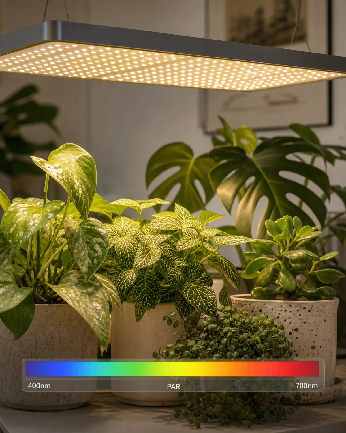 A modern full-spectrum LED grow light panel glowing with warm white light above a small collection of houseplants with a visible spectrum illustration showing the PAR range from blue 400nm through green to red 700nm wavelengths