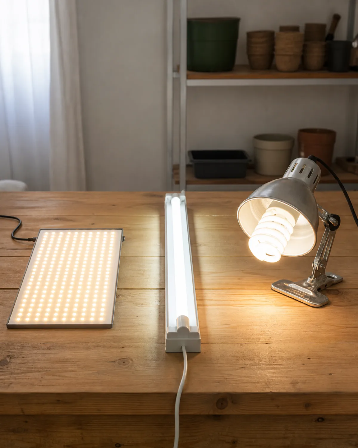 Three different types of grow lights arranged side by side on a wooden table for comparison a modern flat LED panel light a T5 fluorescent tube fixture and a compact CFL bulb in a clamp lamp all turned on