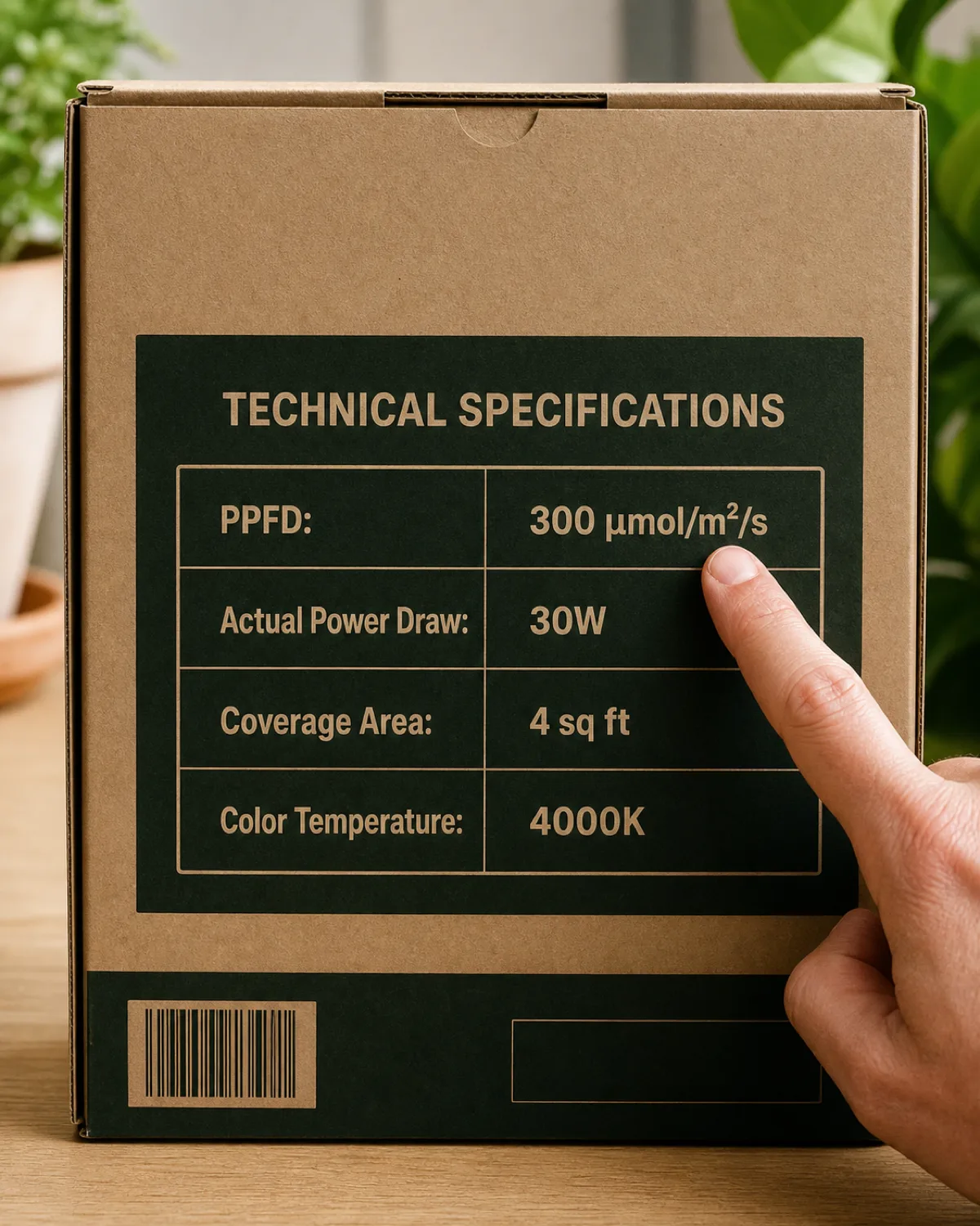 A close-up of the back of an LED grow light retail box showing technical specifications including PPFD wattage coverage area and color temperature with a hand pointing at the PPFD specification