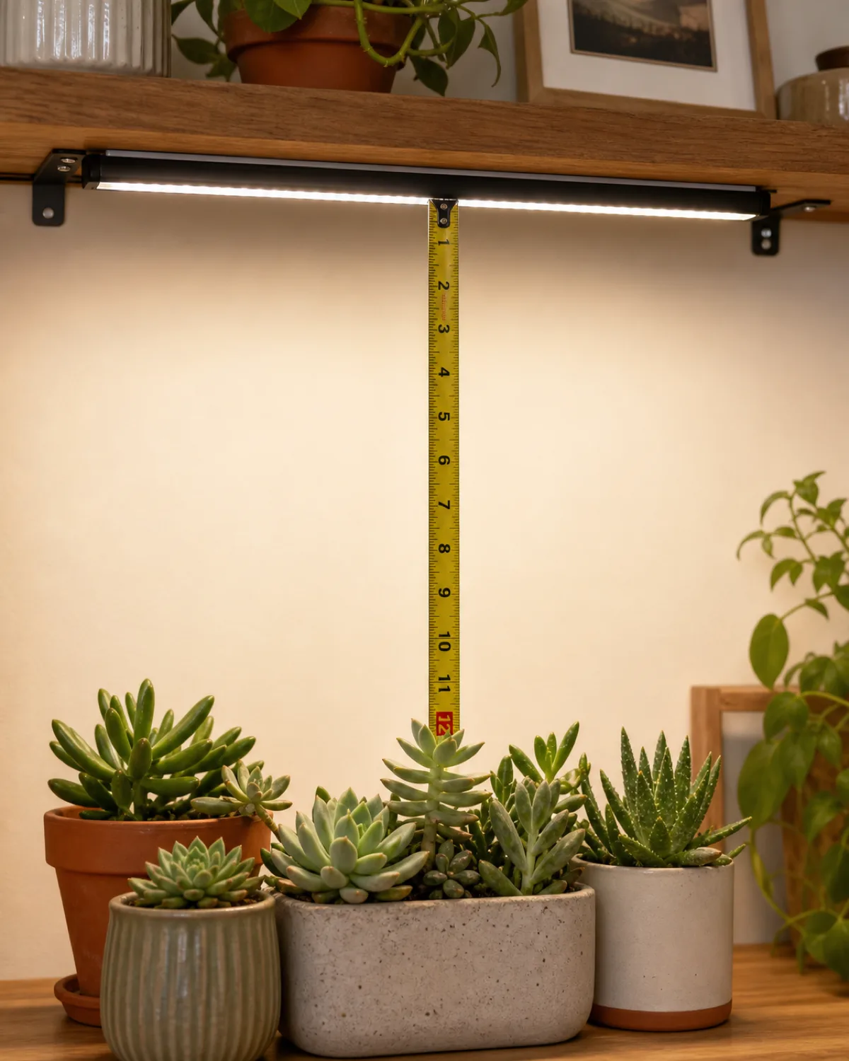A measuring tape stretched vertically from an LED grow light bar mounted under a shelf down to the top leaves of a small succulent arrangement showing the distance gap between light and plant canopy