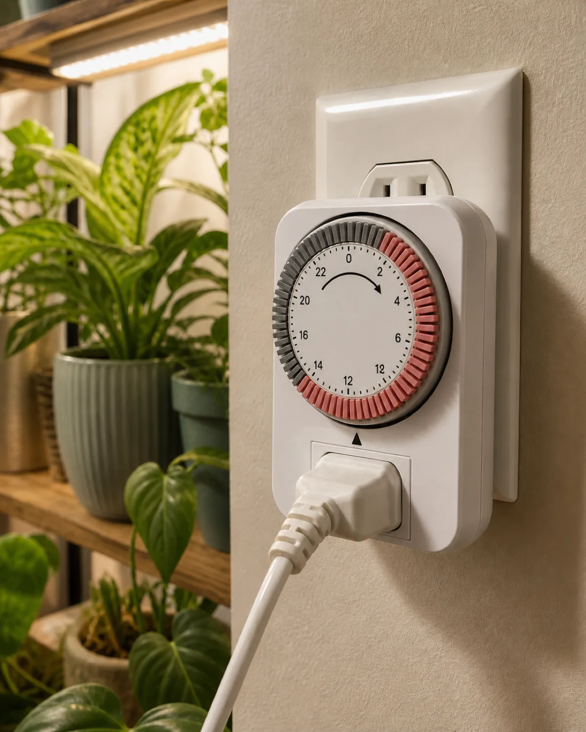 A mechanical round outlet timer plugged into a wall socket with an LED grow light strip cord plugged into it with small lush houseplants on a shelf in the warm background lighting