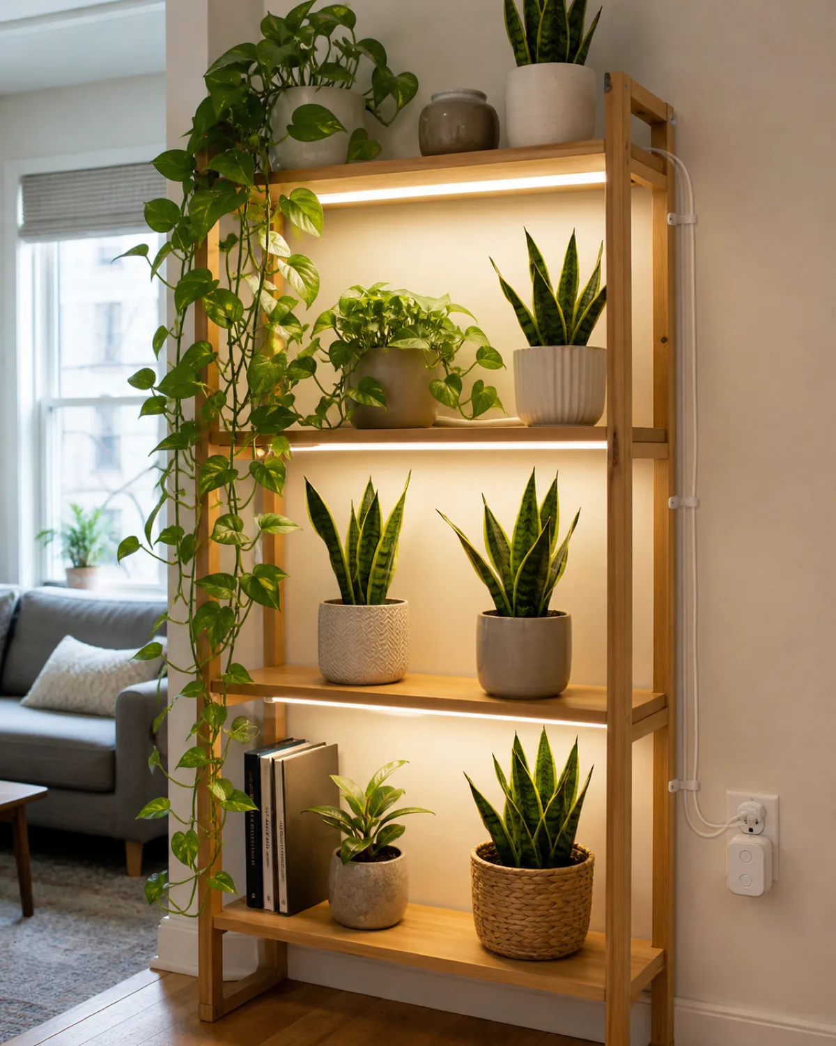 A stylish apartment corner showing a finished grow light shelf setup with clean cable management using white cord clips and LED bars hidden under wooden shelf edges with trailing pothos and upright snake plants under warm white light