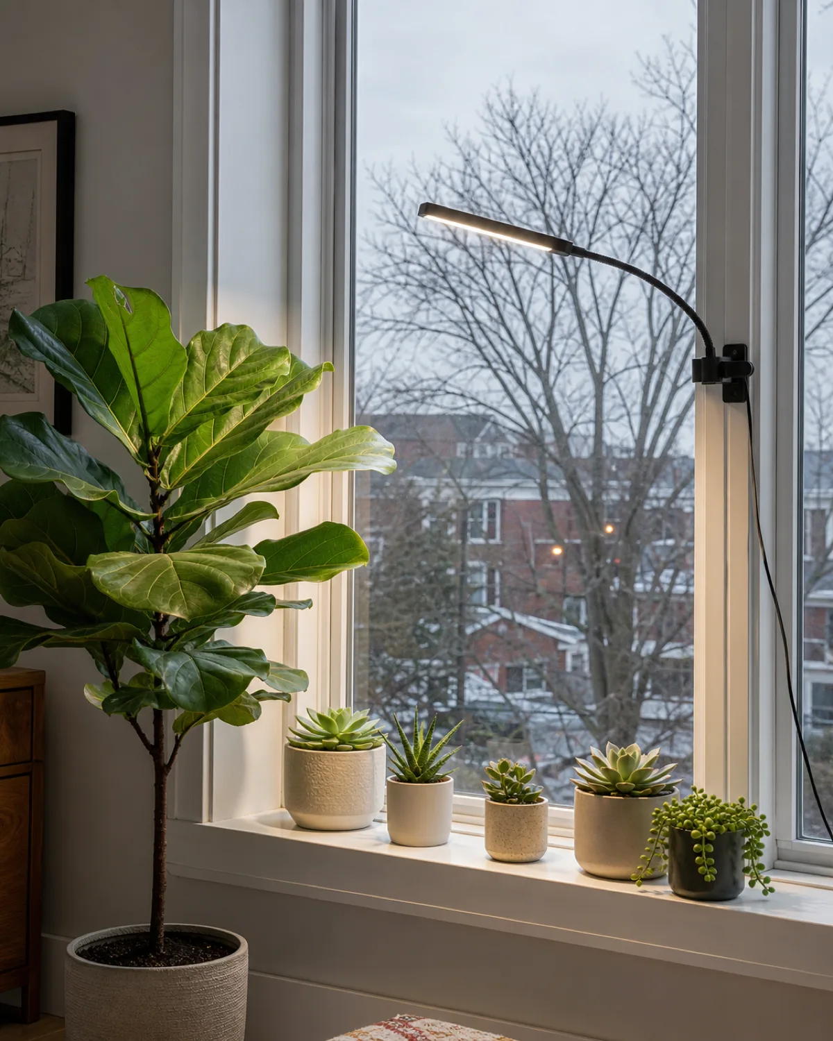 A south-facing window on a gray overcast winter afternoon with a supplemental LED clamp grow light attached to the window frame extending light hours for a fiddle leaf fig tree and a row of small succulents on the windowsill