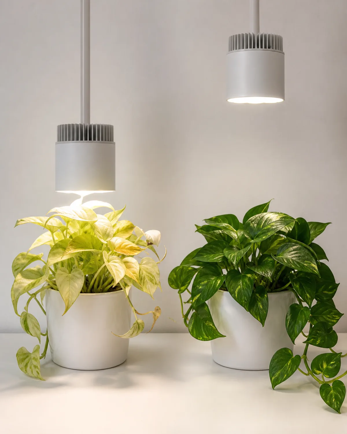 A split comparison of two small pothos plants side by side with the left plant under a grow light too close showing bleached pale curling leaves and the right plant at correct distance showing healthy vibrant dark green trailing growth