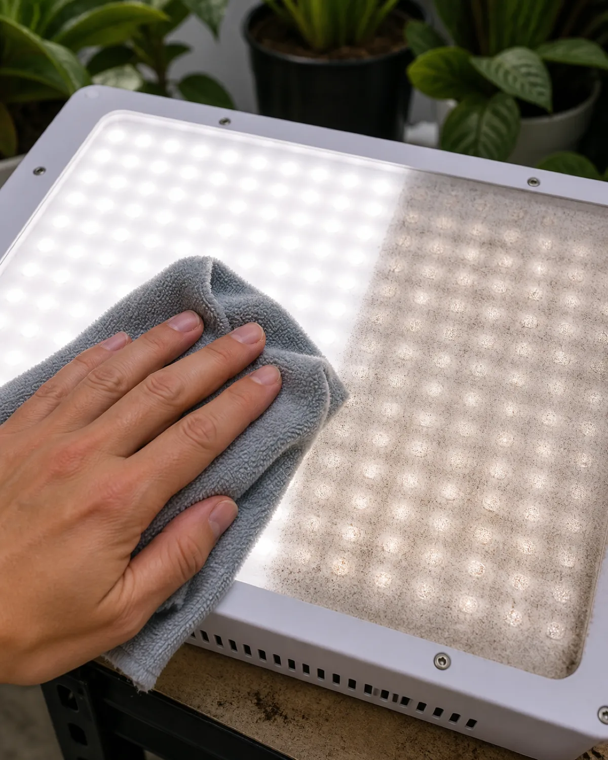 A hand wiping dust off the flat surface of a white LED grow light panel with a microfiber cloth showing a visible contrast between the clean wiped half with bright light and the dusty unwiped half with dimmer output