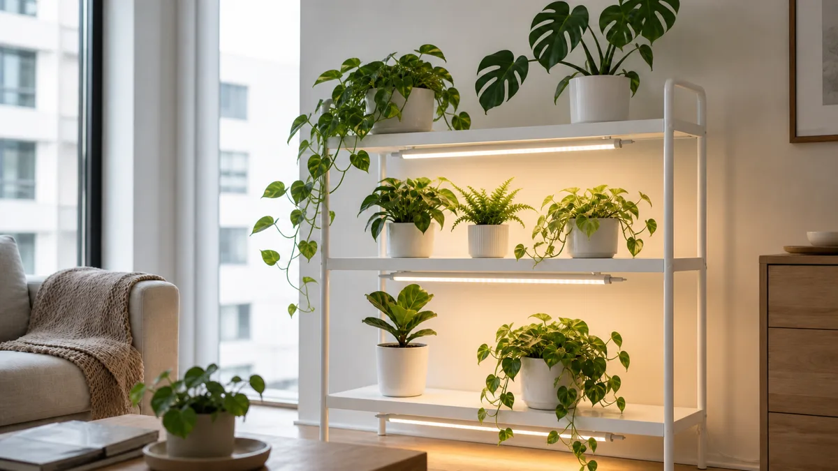 A modern white three-tier plant shelf with LED grow light bars mounted under each shelf illuminating lush green houseplants including a monstera a pothos and a small fiddle leaf fig in matching white ceramic pots in a bright apartment living room
