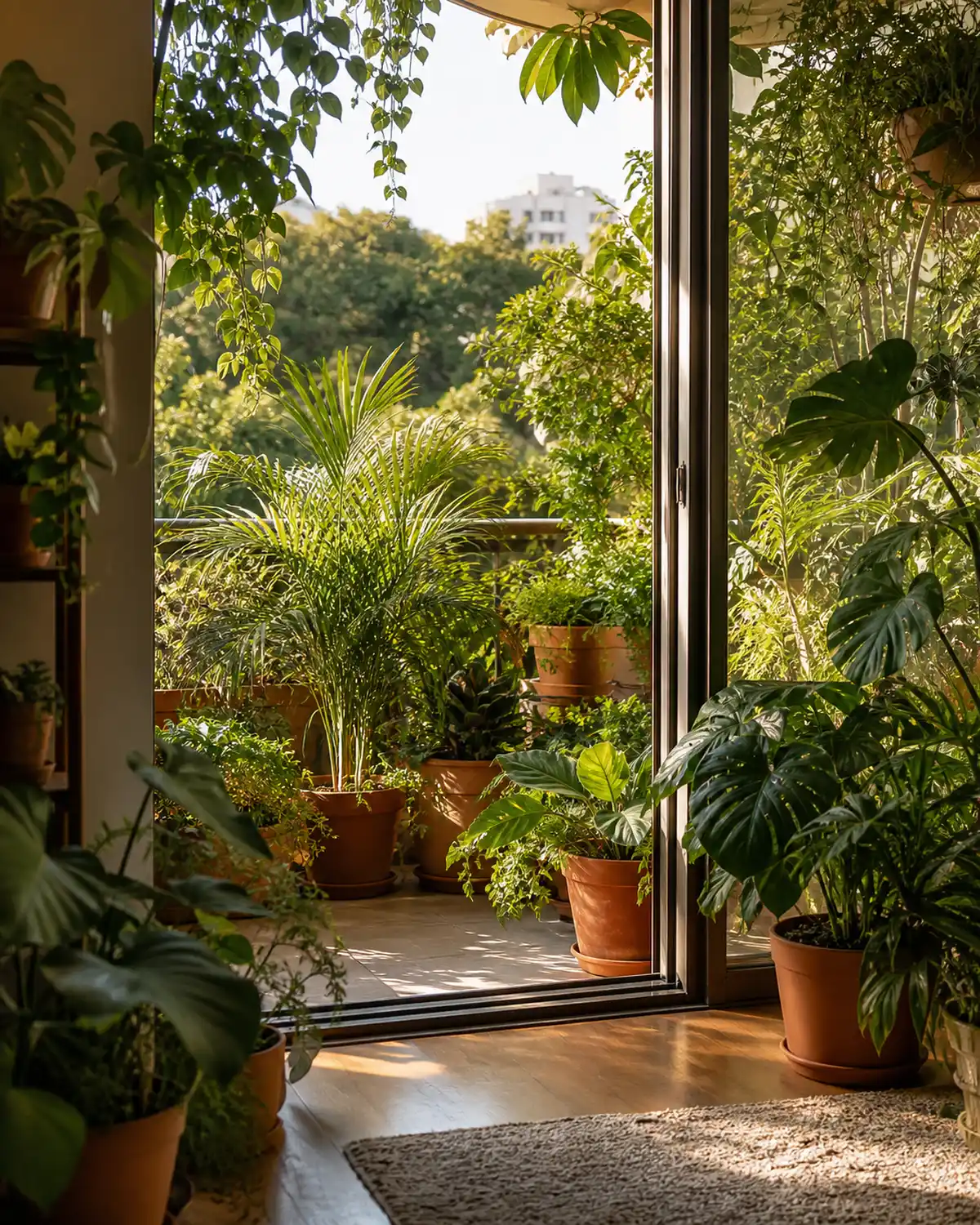 A balcony-to-indoor transition garden viewed from inside through an open sliding glass door showing outdoor balcony plants continuing through the threshold into indoor tropical plants with same style terracotta pots creating visual unity across the boundary in warm afternoon light