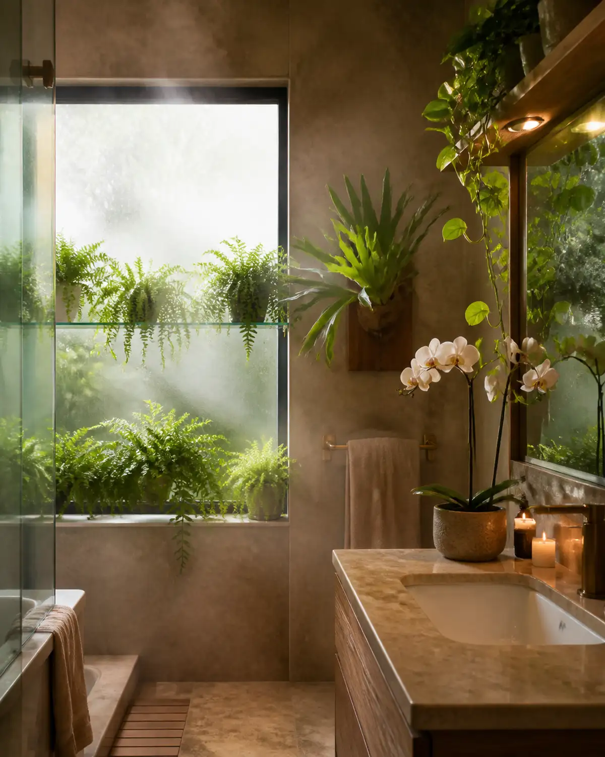 A luxurious bathroom garden with ferns on a glass shelf across a frosted window an orchid on the vanity trailing pothos from a high shelf above the mirror and a mounted staghorn fern near the towel rack with steam visible in the air and spa-like atmosphere