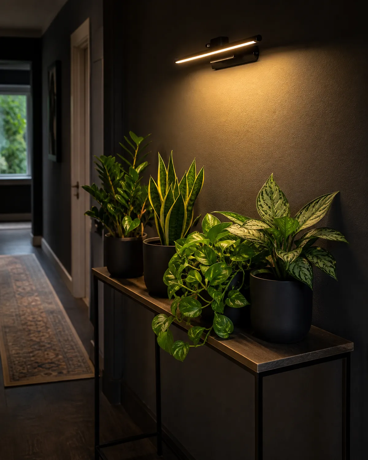 A dark hallway transformed by a low-light plant garden with a narrow console table against one wall holding a row of ZZ plant snake plant pothos and Chinese evergreen in matching matte black pots with a picture light mounted above casting warm light on the plants