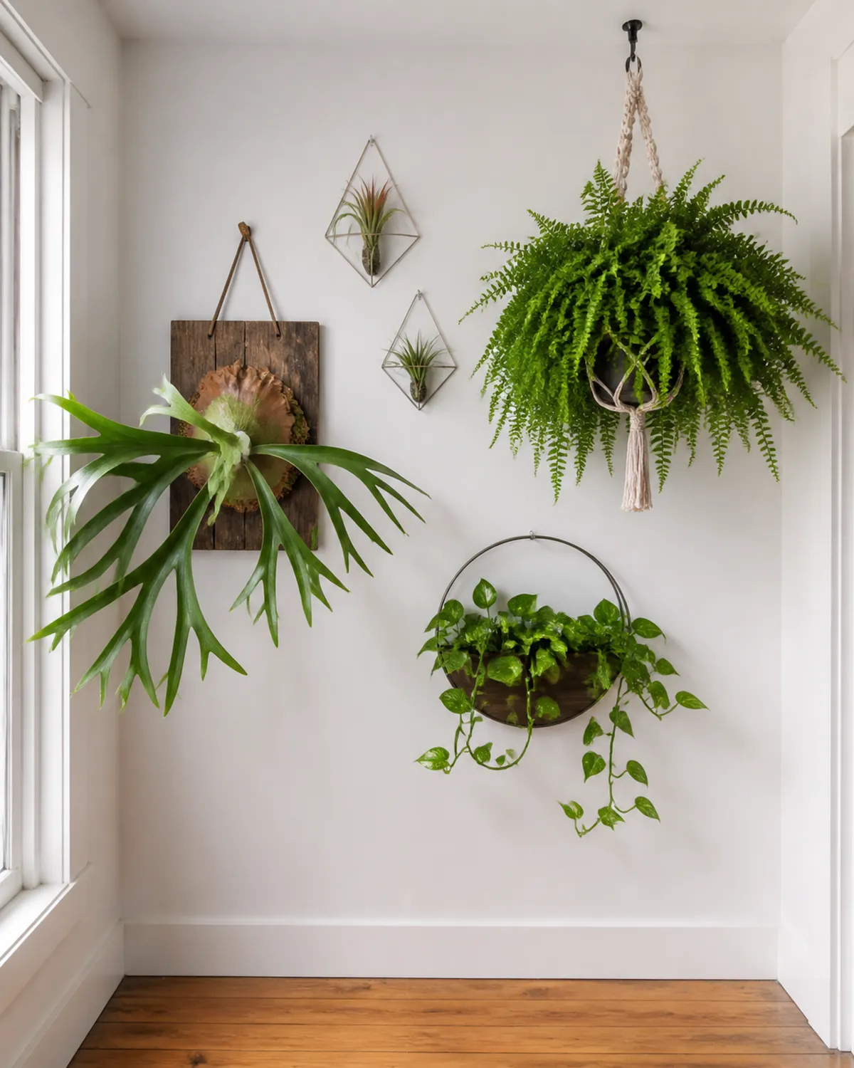 A mounted plant display in a small apartment with a staghorn fern on a wooden board at eye level air plants in geometric wire holders on the wall above a macrame-hung Boston fern from a ceiling hook and trailing pothos in a semicircular wall planter with zero floor space used