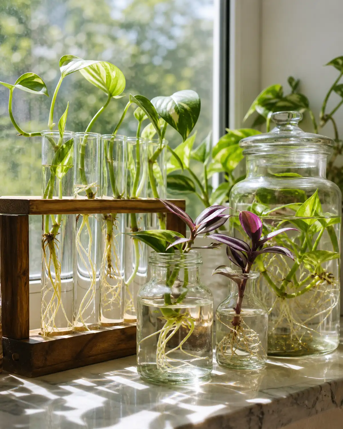 A beautiful propagation station on a sunny windowsill with glass test tubes in a wooden rack vintage apothecary jars and clear bud vases all containing plant cuttings with visible white roots growing in water with light refracting through glass and water