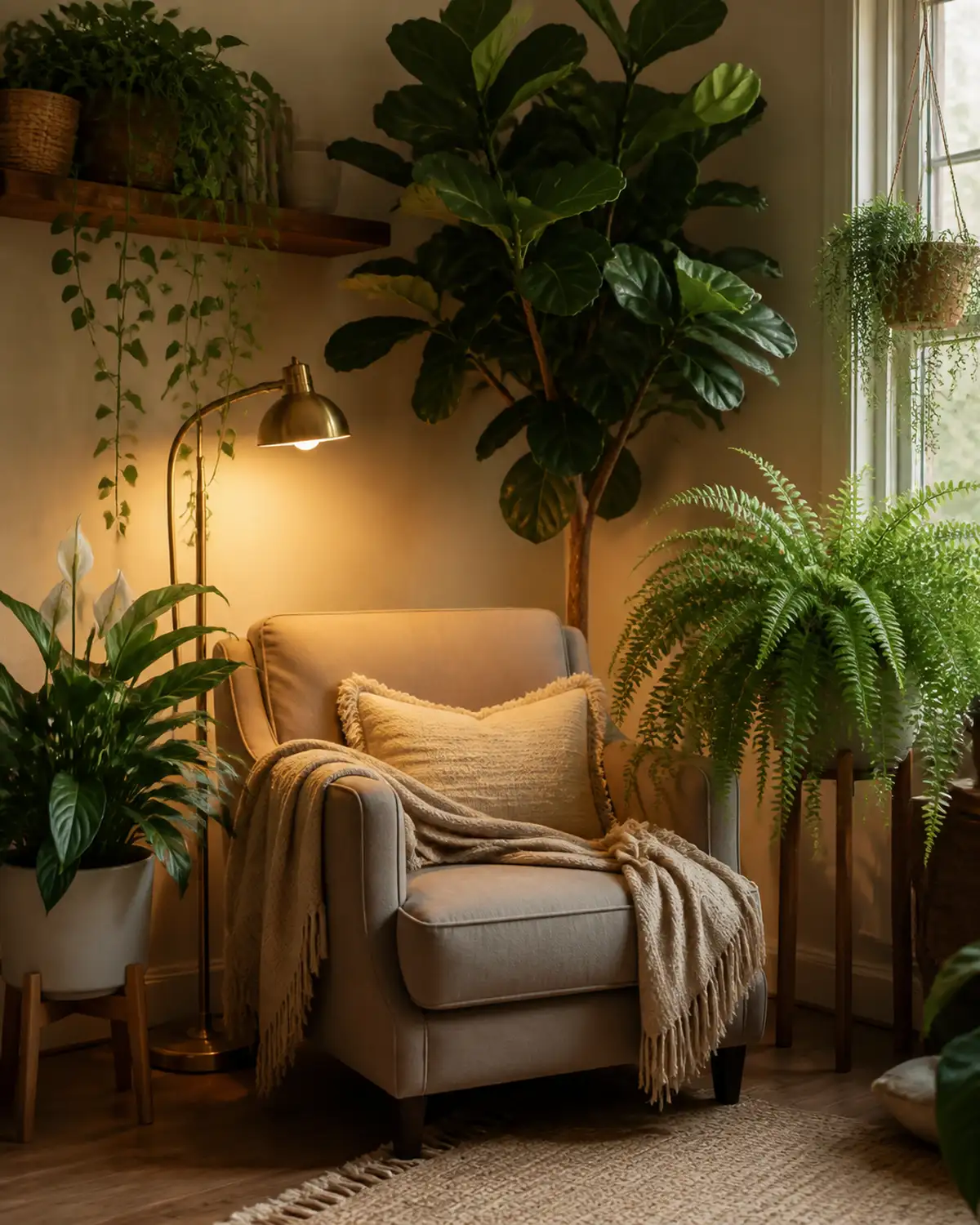 A cozy reading nook surrounded by plants with a comfortable armchair and reading lamp and a large fiddle leaf fig behind it with medium ferns and peace lilies flanking either side on stands and a small trailing plant draping from a shelf above in warm inviting light