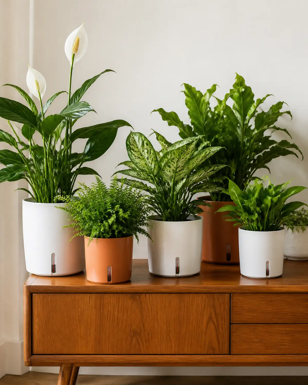 A collection of self-watering planters on a mid-century console table with 5 to 7 white and terracotta self-watering pots of varying heights containing peace lily fern and Chinese evergreen showing lush healthy growth from consistent moisture