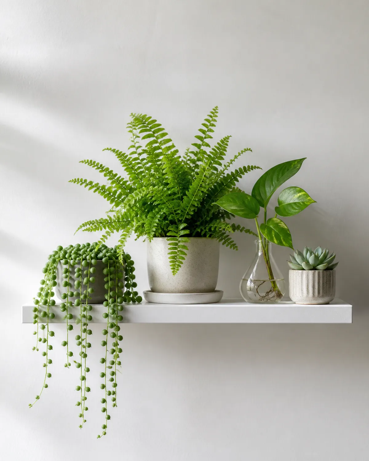 A single floating shelf transformed into a miniature garden ecosystem with one trailing string of pearls spilling over the shelf edge a small upright Boston fern at center a tiny succulent rosette on one end and a glass bud vase with a pothos cutting showing roots in water