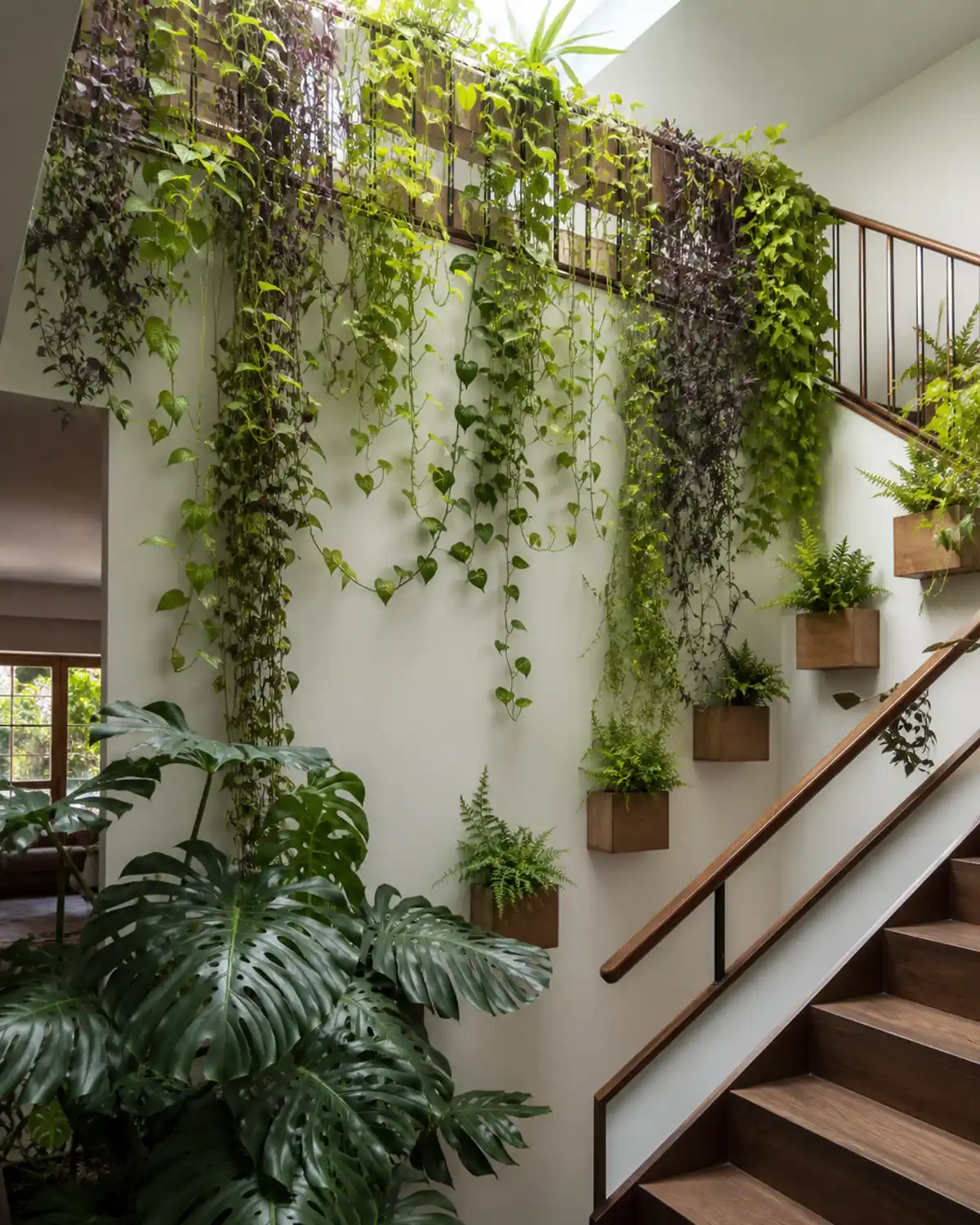 Plants cascading down a bright staircase with trailing pothos and tradescantia spilling over the upper landing railing and a large monstera at the base of the stairs with small ferns in wall-mounted planters following the stair angle and natural light from a skylight above