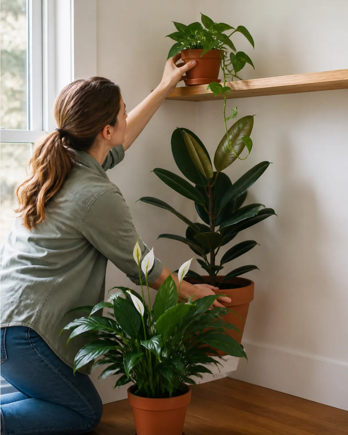 A person arranging three plants in a bright corner with one tall rubber plant being positioned behind a medium bushy peace lily and a small trailing pothos about to be placed on a shelf above with matching terracotta pots and natural light from a nearby window
