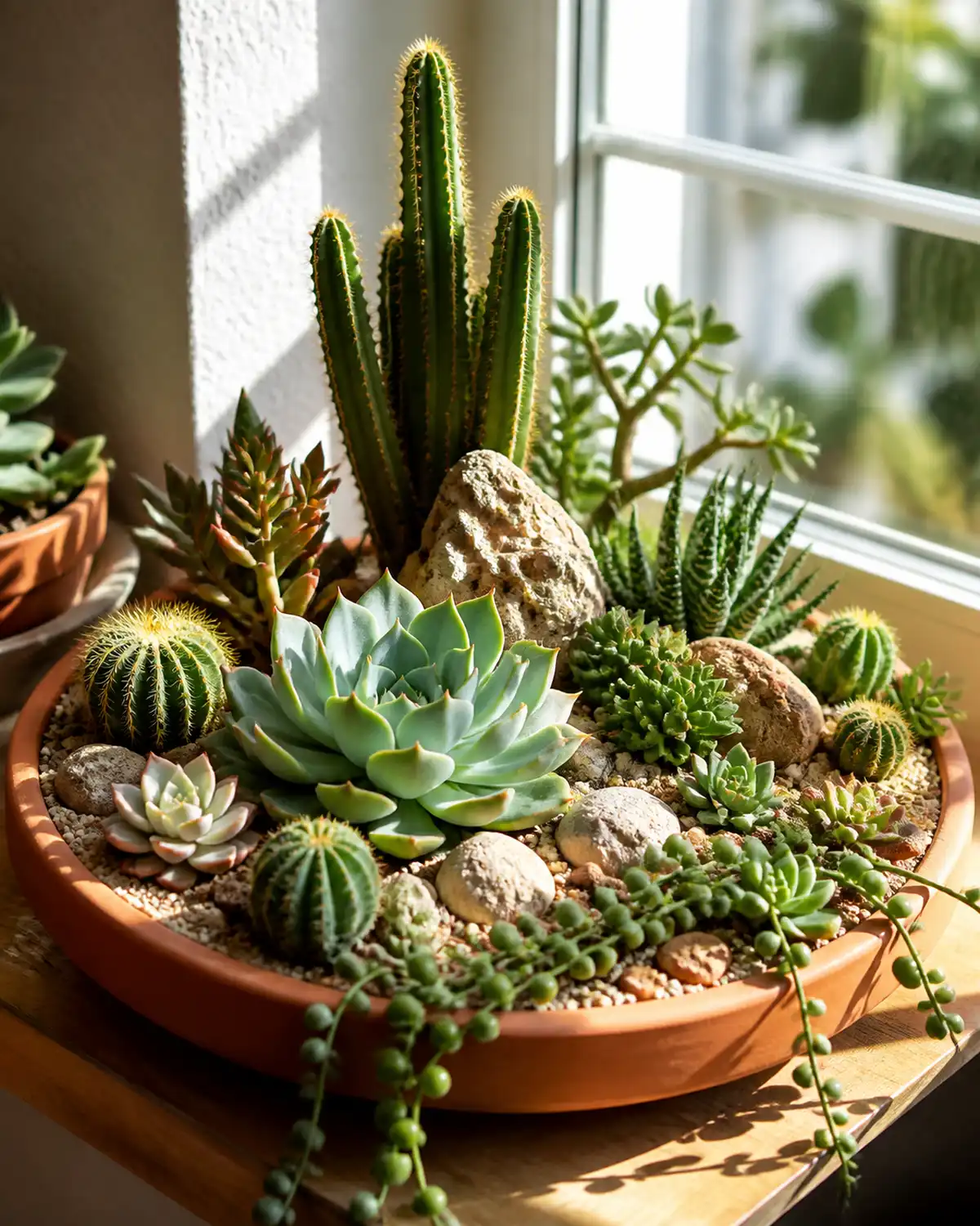 A succulent desert garden on a wide sunny windowsill in a shallow terracotta tray filled with varied succulents including rosette echeveria tall upright cactus and trailing string of pearls at the edge with decorative sand and small stones and bright direct sunlight