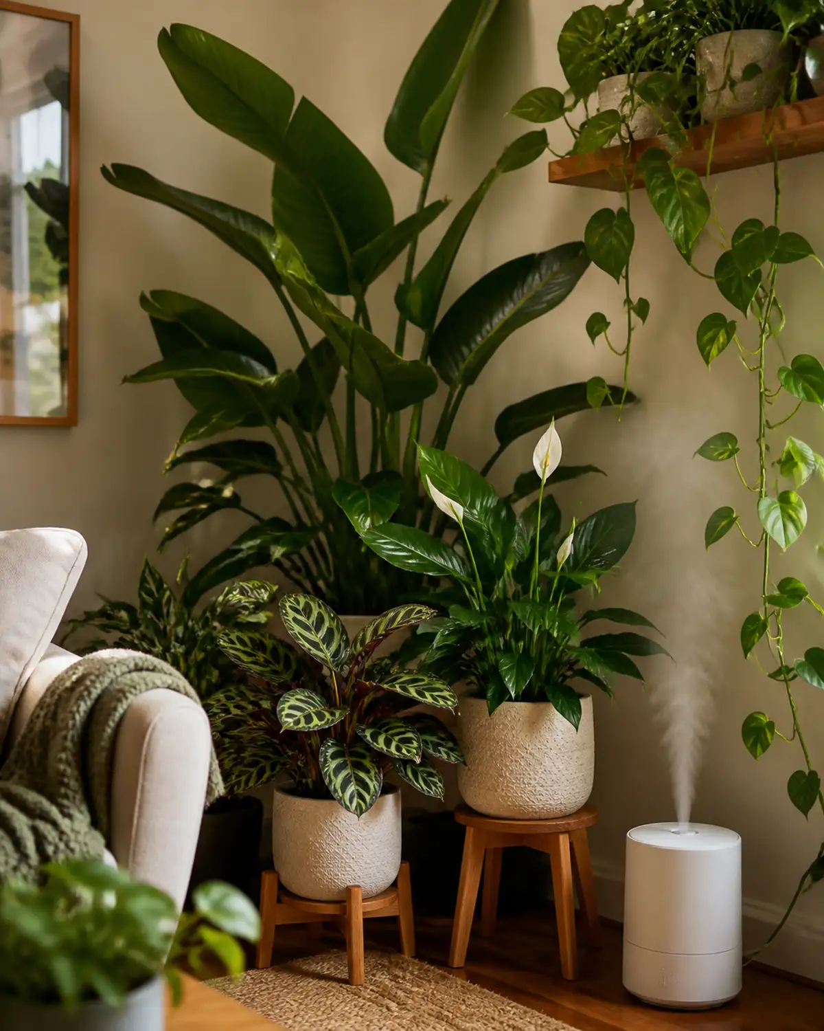 A lush tropical corner in a living room with a tall bird of paradise as backdrop and medium calathea and peace lily on wooden stands at mid-level with trailing pothos from a floating shelf above and a humidifier running beside the arrangement in warm indirect light
