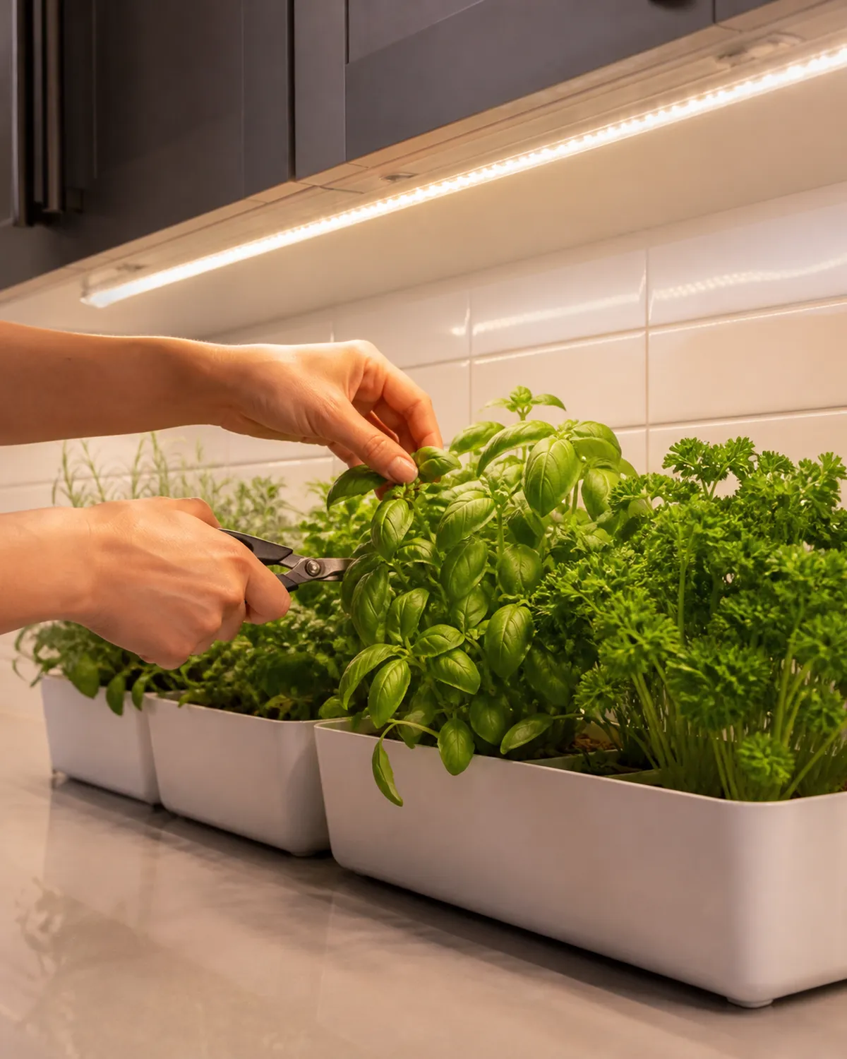 Under-cabinet kitchen garden with LED grow lights showing peel-and-stick LED strips glowing on the underside of upper cabinets illuminating a row of herbs in rectangular white planters on the countertop below with basil and parsley thriving in the artificial light