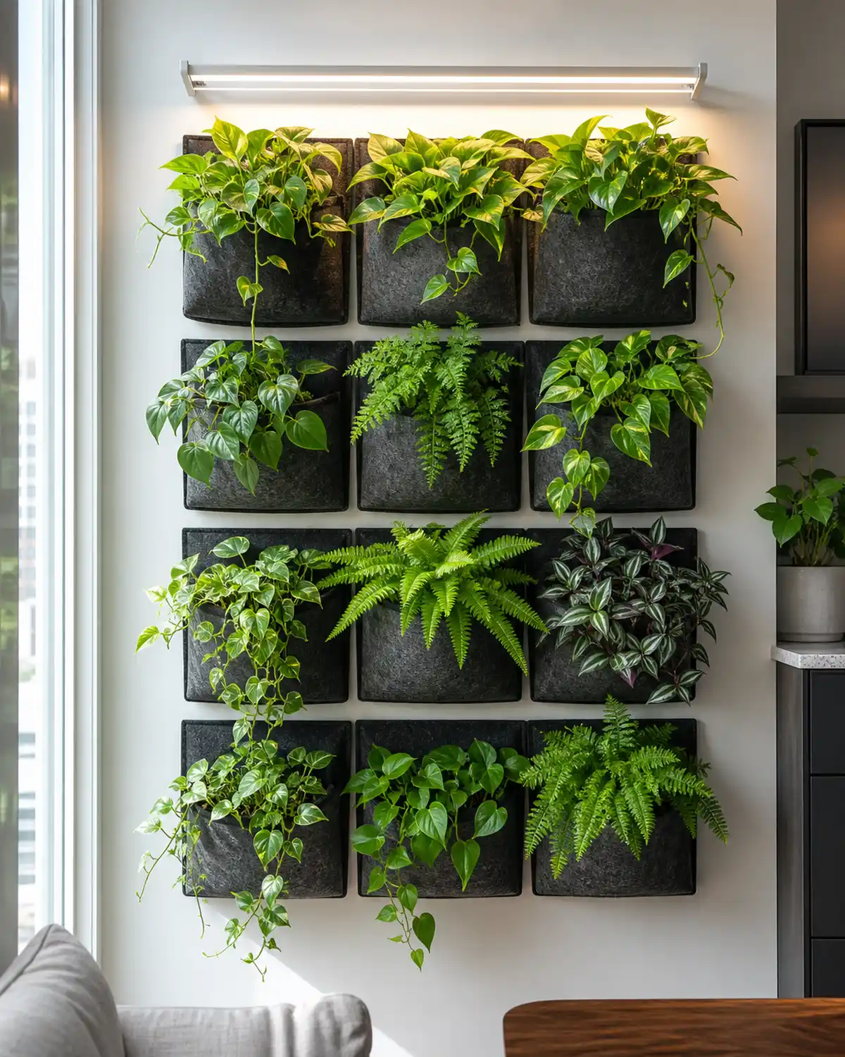 A DIY vertical living wall made of felt pocket planters mounted on a bright wall near a window with 4 rows of 3 pockets filled with pothos philodendron ferns and tradescantia with green cascading from each pocket and an LED grow light bar mounted above