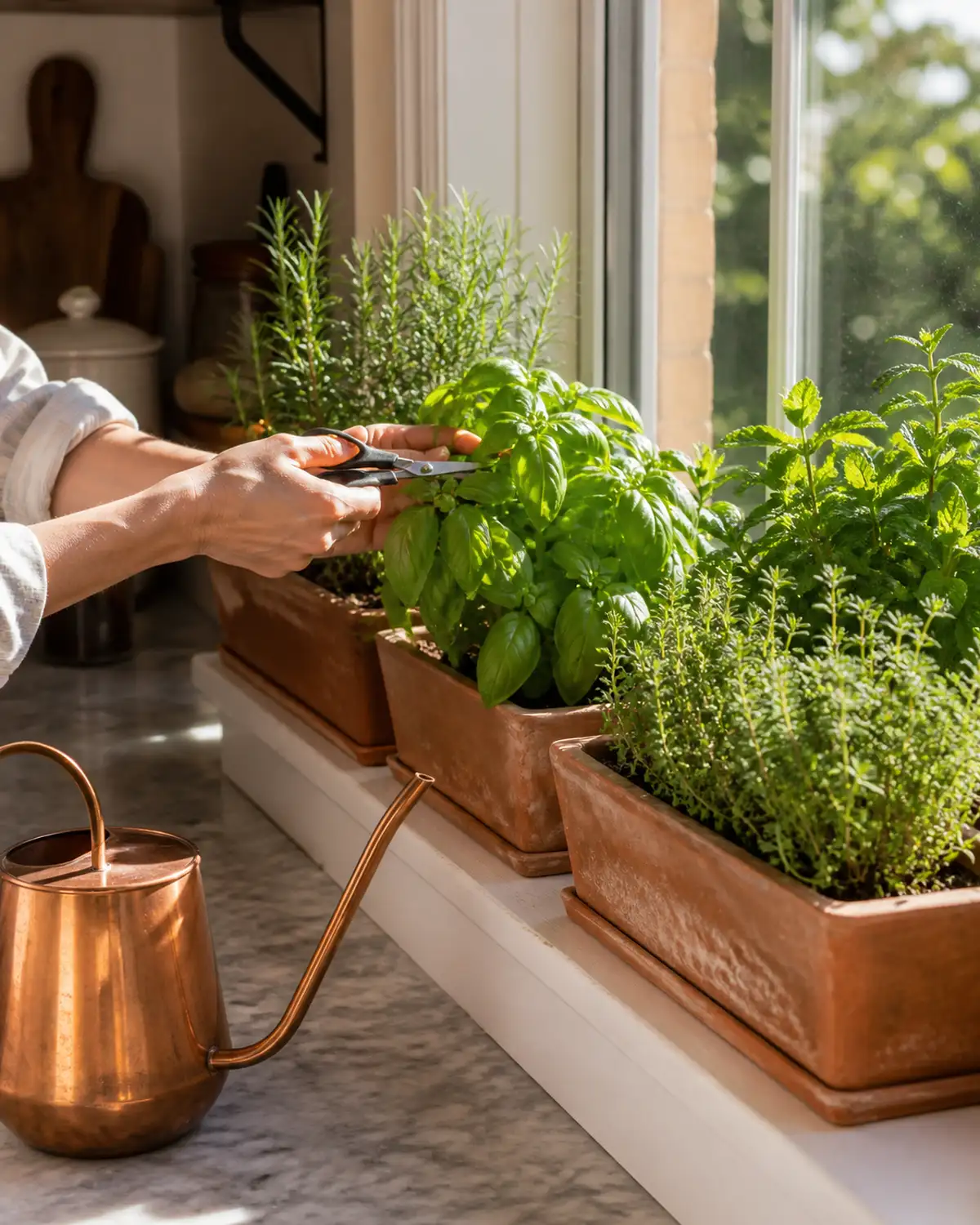 A south-facing windowsill herb garden in a bright kitchen with rectangular terracotta planters lined along a wide sill showing healthy bushy basil rosemary thyme and mint thriving in direct morning sun with warm light flooding the kitchen