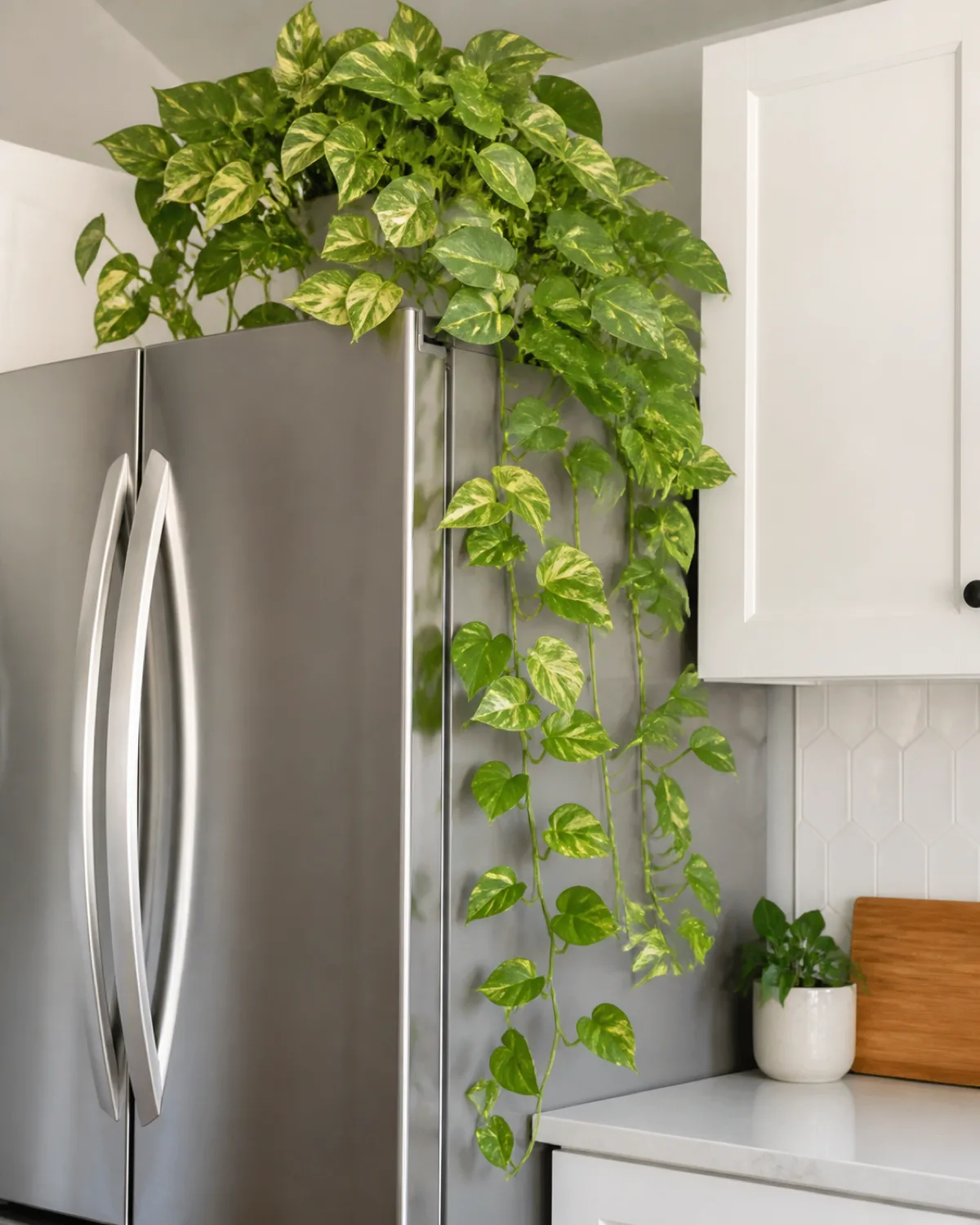 A golden pothos with long trailing vines draped over the top of a stainless steel refrigerator in a modern kitchen with variegated green and yellow leaves cascading down against white cabinets