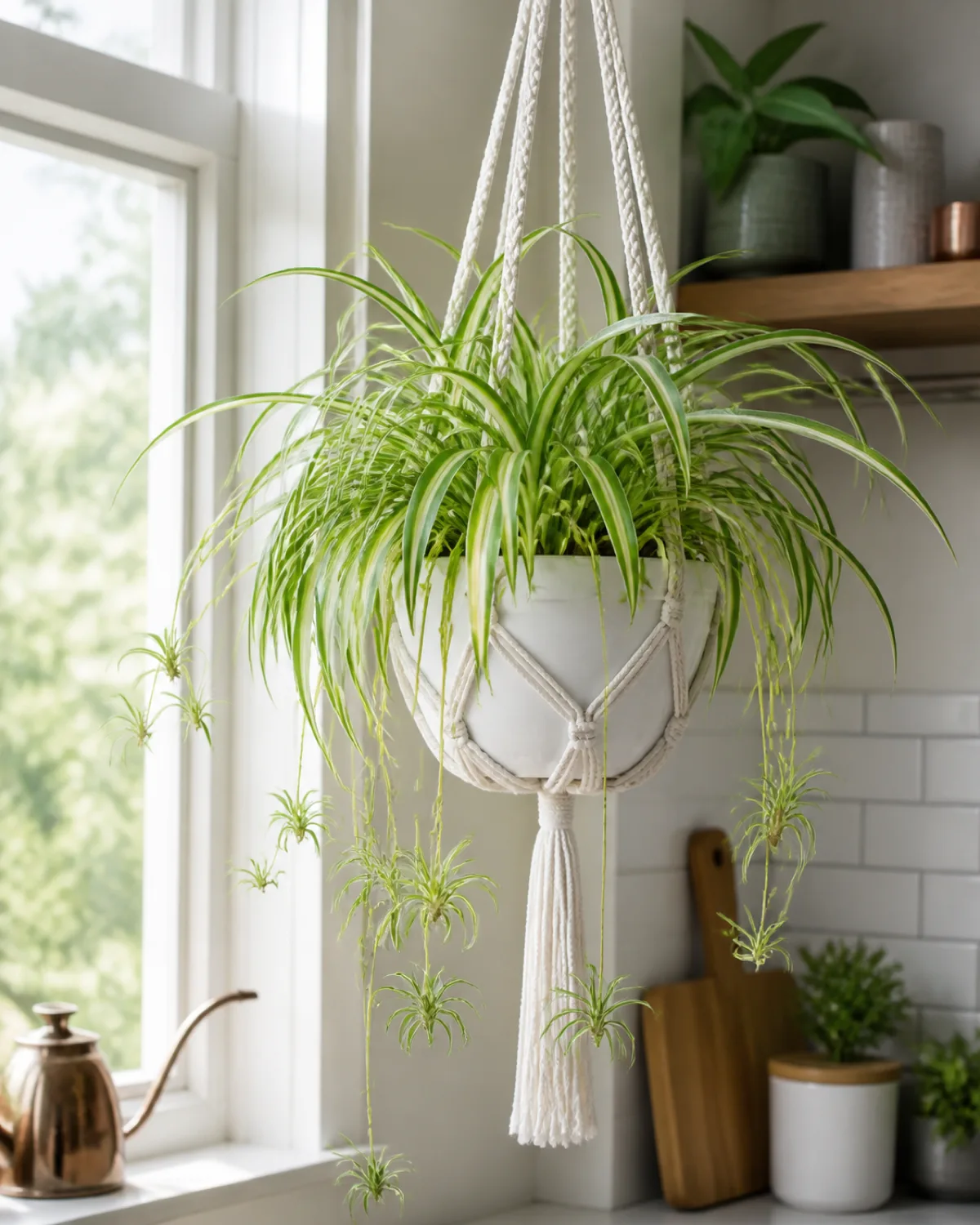 A spider plant in a white macrame hanging planter near a bright kitchen window with baby spiderettes dangling from arching stems and natural morning light illuminating green and white striped leaves