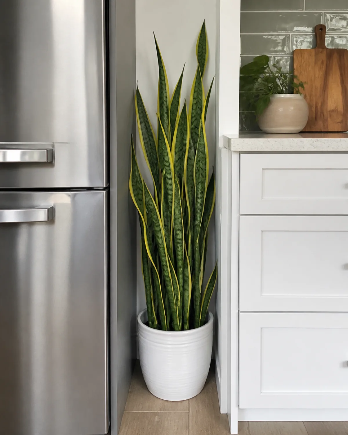 A tall snake plant in a white ceramic pot in the narrow gap between a stainless steel refrigerator and a white kitchen cabinet with vertical dark green sword-shaped leaves with yellow edges