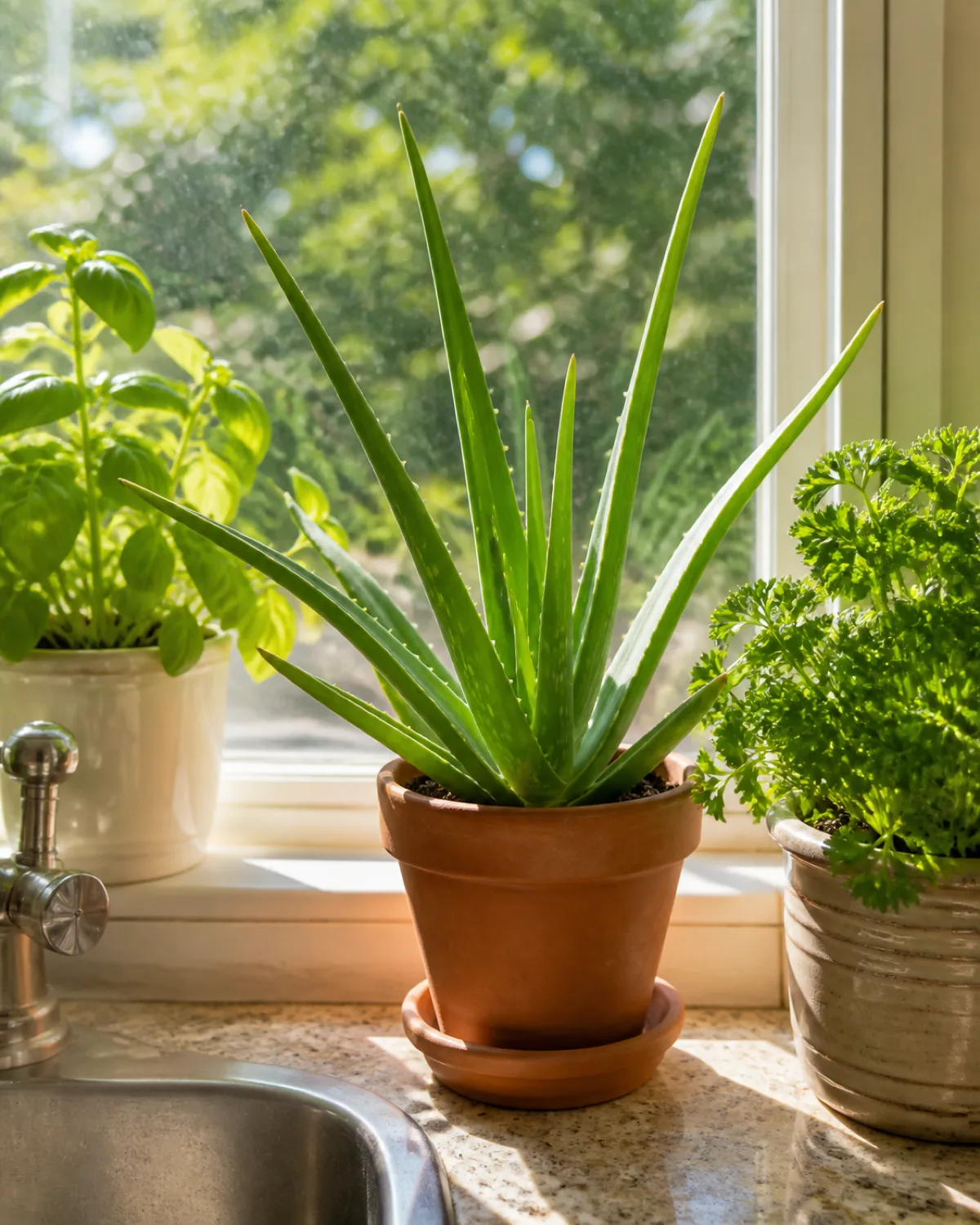 An aloe vera plant in a small terracotta pot on a sunny kitchen windowsill between herb pots with bright afternoon sunlight illuminating thick succulent green leaves and a kitchen sink partially visible