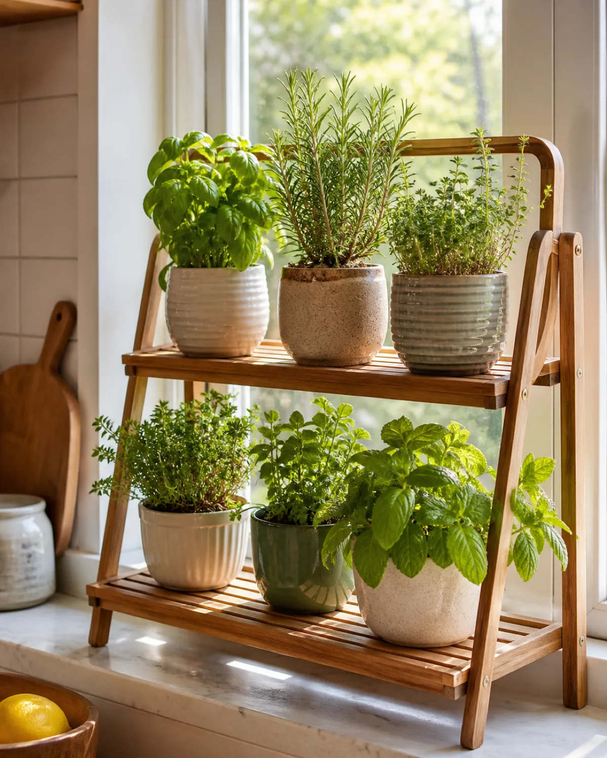 A wooden three-tier windowsill herb shelf in front of a bright kitchen window with small pots of basil rosemary thyme and mint lush and green in direct sunlight