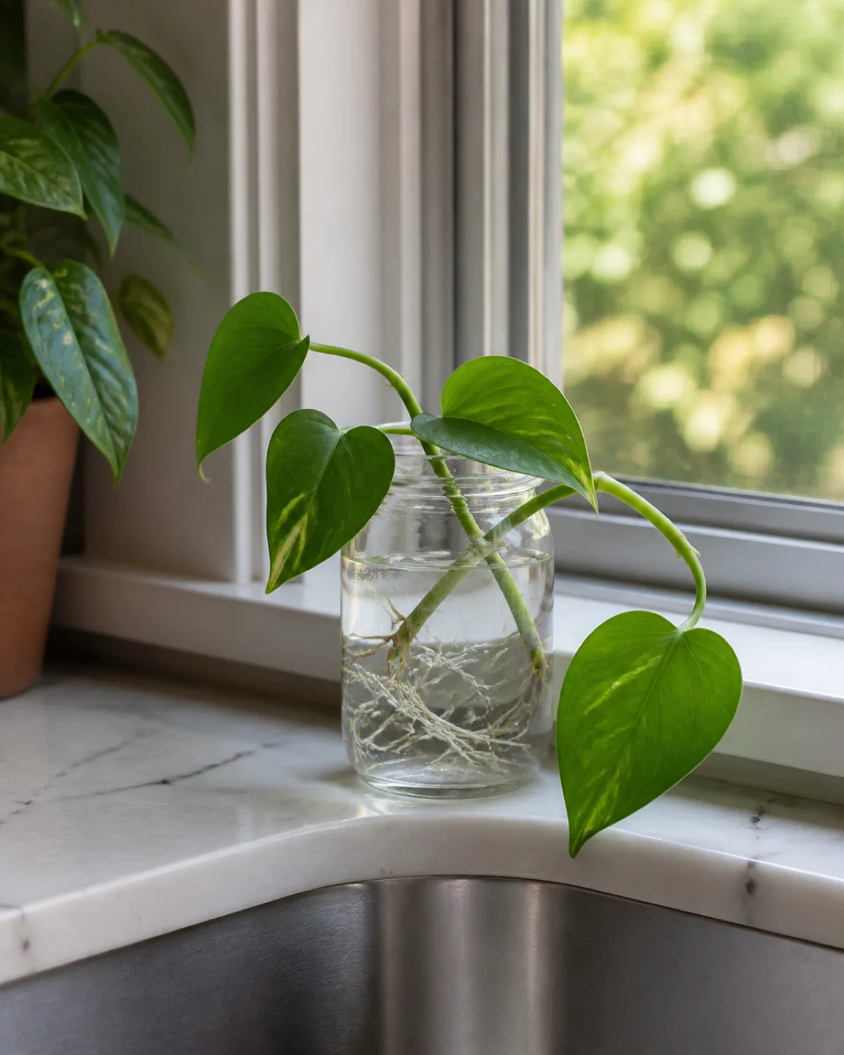 A single pothos cutting with visible white roots in a clear glass jar of water on a kitchen windowsill beside the sink with green heart-shaped leaves trailing over the jar rim