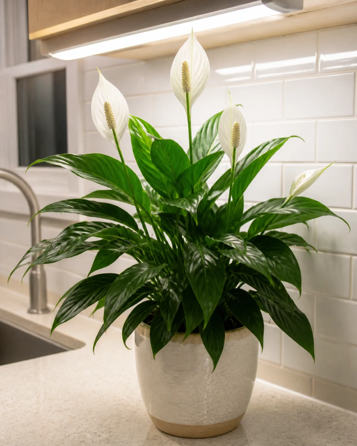 A peace lily with white spathe flowers in a ceramic pot on a kitchen counter under fluorescent strip lighting with white blooms and subway tile backsplash behind