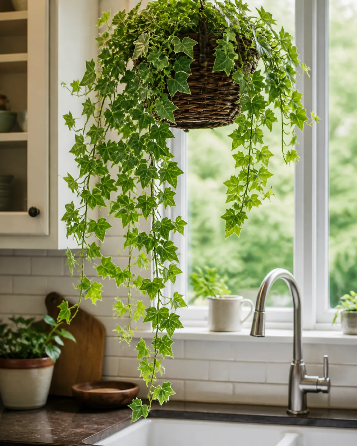 English ivy trailing from a woven hanging basket above a kitchen sink with long green vines cascading down and small lobed ivy leaves with bright indirect light from a window behind