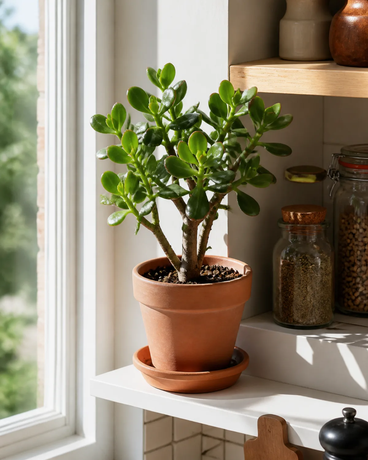 A small jade plant with thick rounded succulent leaves and a woody trunk in a terracotta pot on a narrow bright kitchen shelf near a window alongside spice jars catching direct warm light
