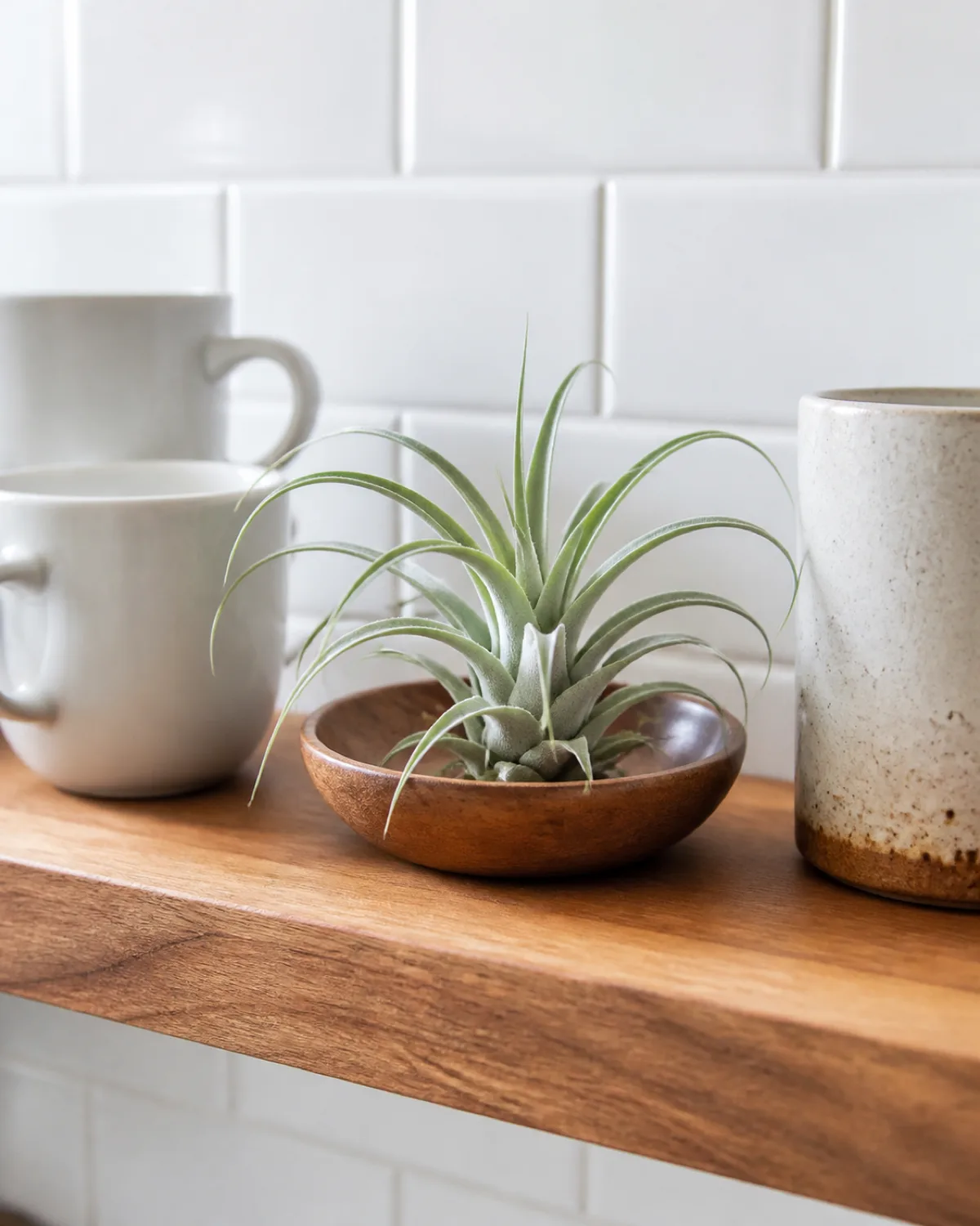A single air plant tillandsia in a small wooden dish on an open kitchen shelf among white ceramic mugs with silvery green curving leaves against a white subway tile backsplash