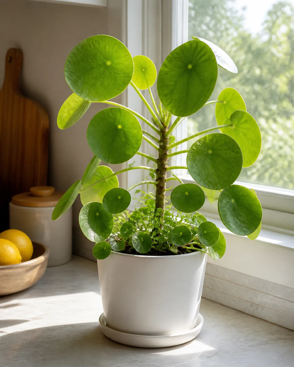 A pilea peperomioides with round pancake-shaped leaves in a small white pot on a bright kitchen countertop near a window with pup plantlets at the base and morning light through round leaves