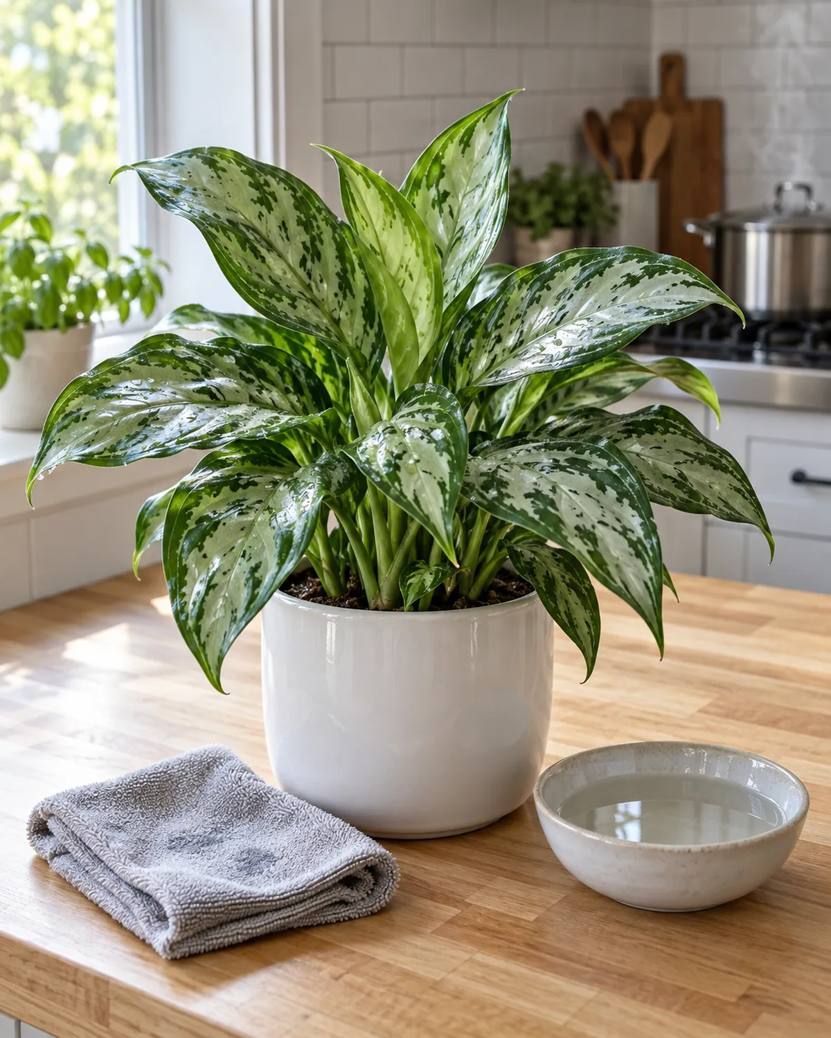 A Chinese evergreen with silver and green patterned leaves freshly wiped and glistening with water droplets in a white glazed pot on a butcher block kitchen counter beside a folded gray microfiber cloth and a small bowl of water with steam rising from a pot on the stove behind