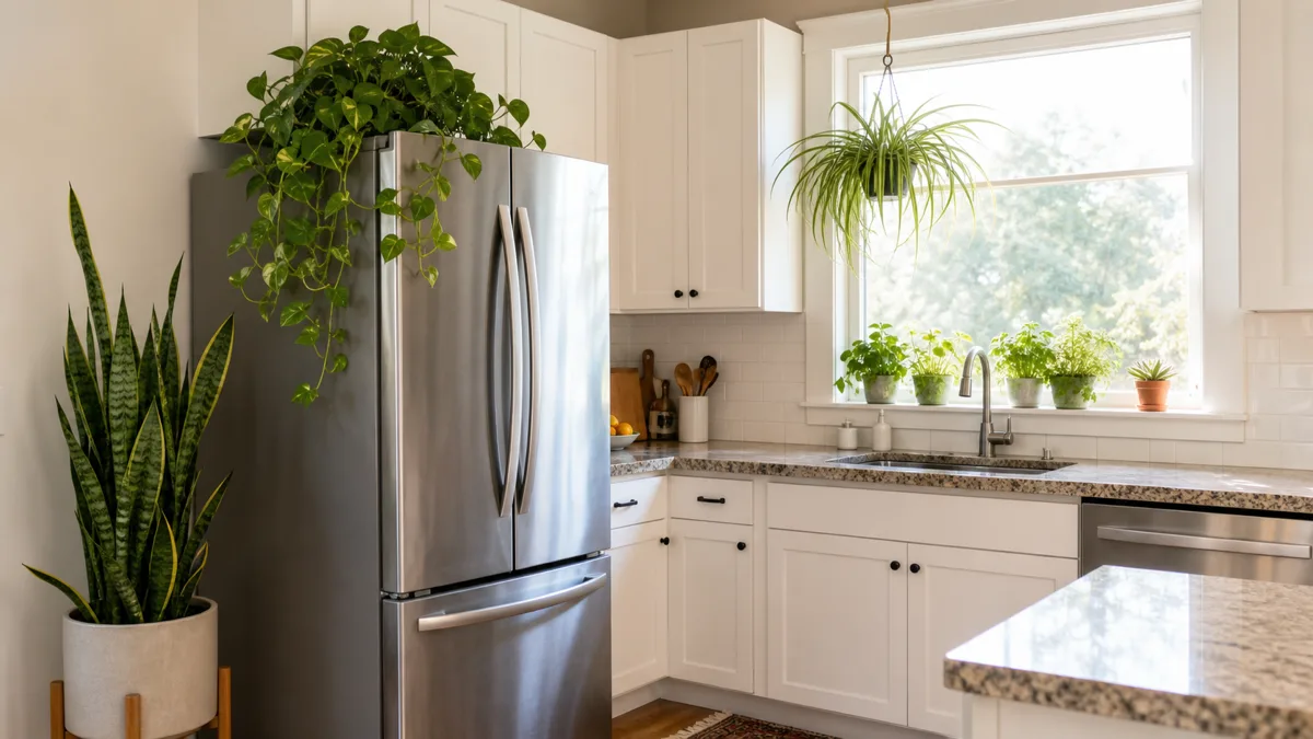 A bright modern kitchen with white cabinets and a large window above the sink showing multiple houseplants including trailing pothos on the refrigerator a spider plant hanging near the window herbs on the windowsill and a snake plant beside the fridge in warm morning light