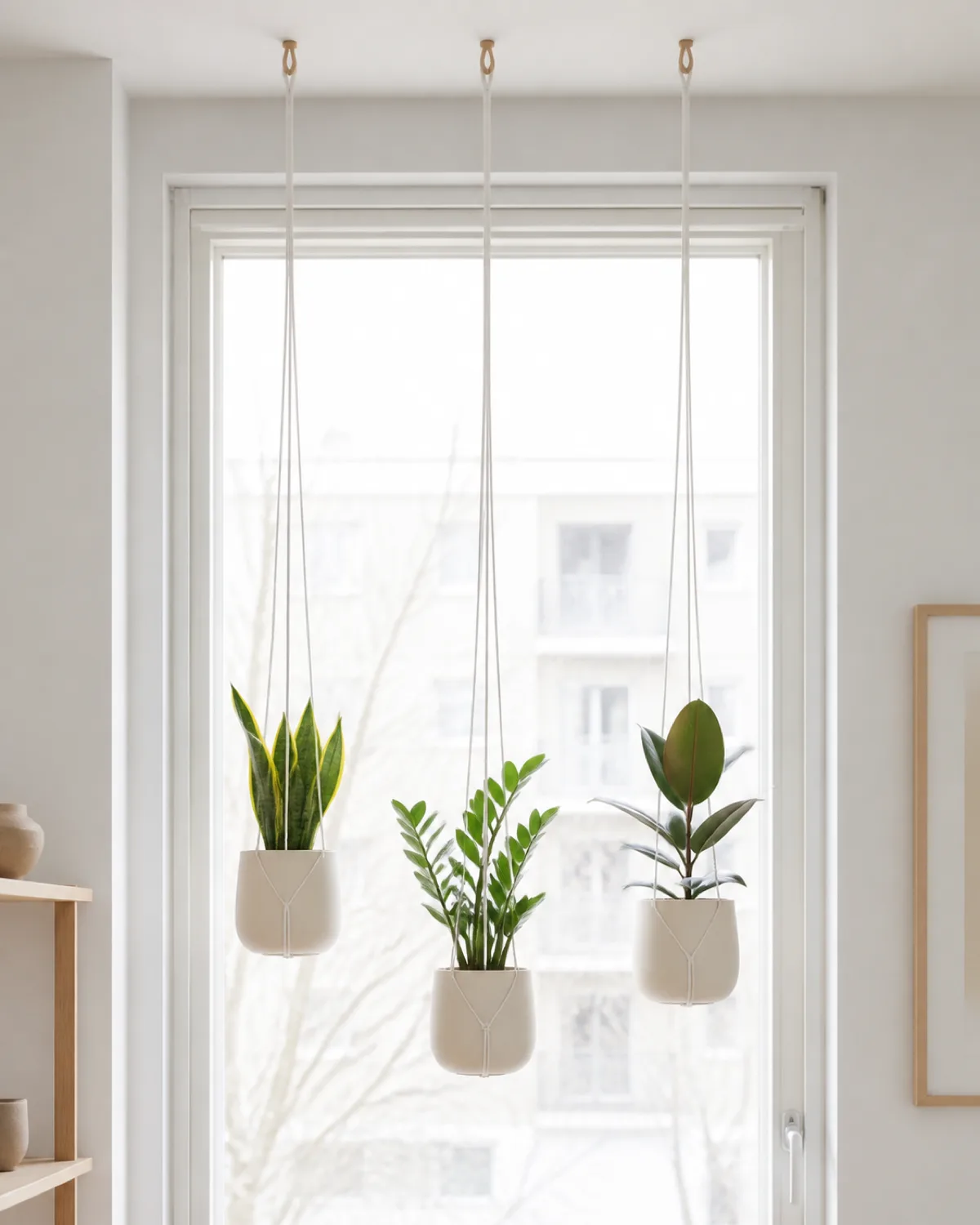 A row of three minimalist straight-line macrame hangers side by side at slightly different heights in front of a large bright window each made of thin white cord dropping straight with minimal square knots each holding a different small plant a snake plant a ZZ plant and a small rubber plant