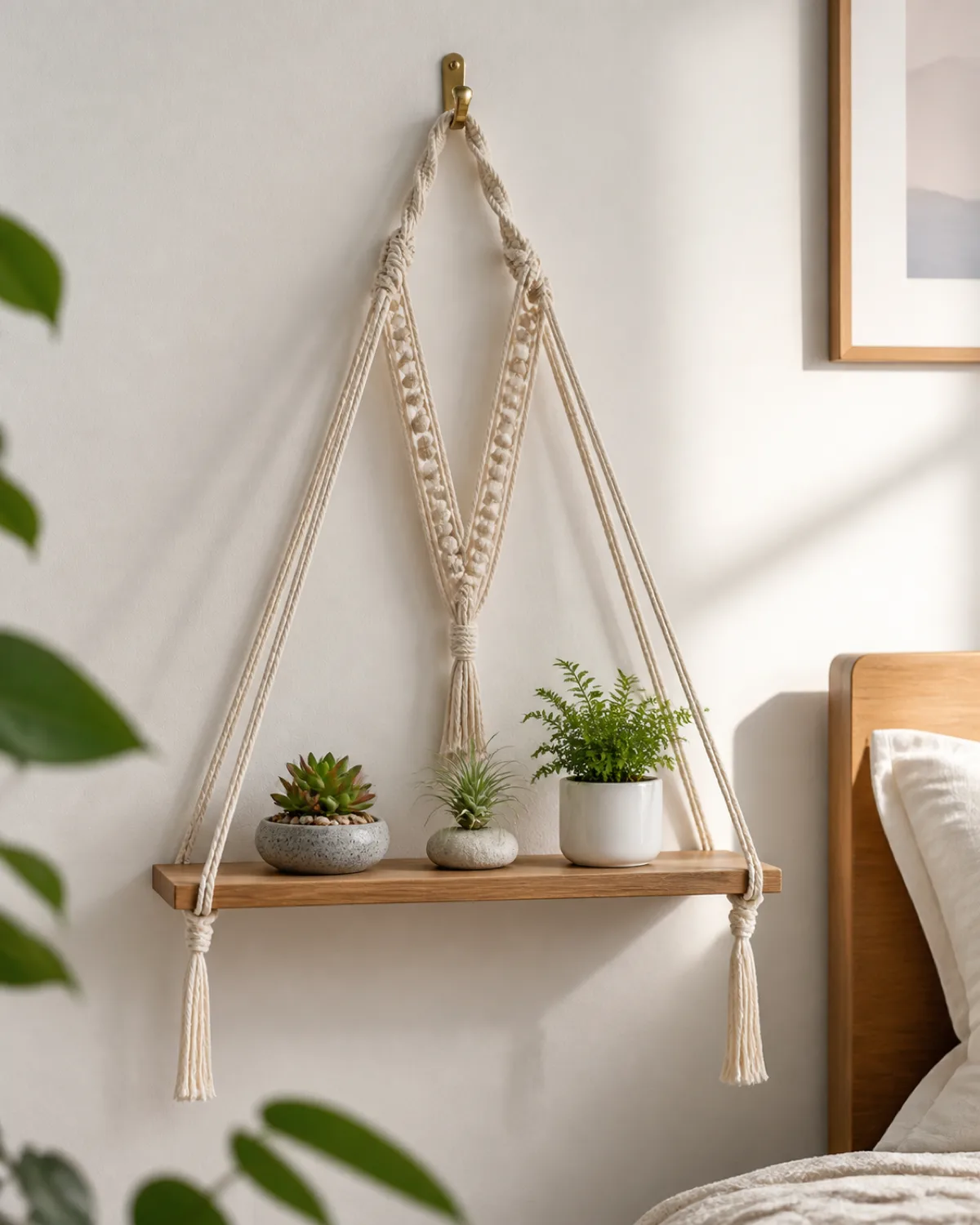 A wall-mounted macrame shelf hanger with a smooth wooden shelf about 18 inches wide suspended by V-shaped macrame cords from a single brass wall hook with three small plants sitting on the shelf a tiny succulent arrangement a small air plant on a stone and a miniature fern in a white pot