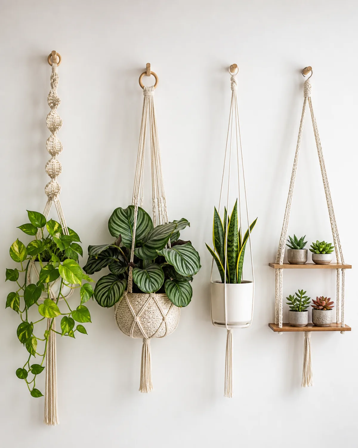 A styled arrangement showing four plant-hanger pairings side by side against a white wall a trailing pothos in a spiral hanger a bushy calathea in a basket-weave bowl hanger an upright snake plant in a minimalist straight-line hanger and tiny succulents on a wall-mounted macrame shelf