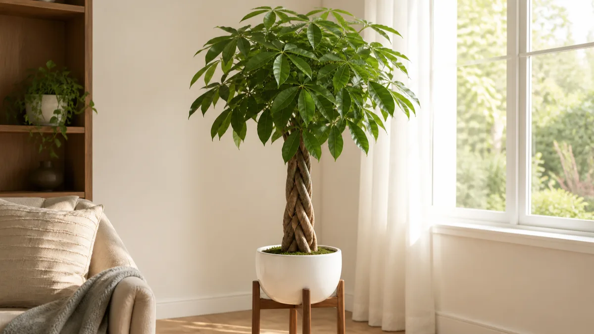 A mature braided money tree Pachira aquatica with a thick five-strand braided trunk and a full canopy of glossy palmate five-lobed green leaves in a white ceramic pot next to a bright window with warm natural morning light
