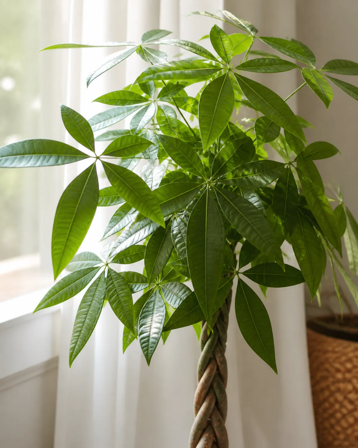 A money tree with glossy five-lobed palmate leaves positioned near a bright window with soft indirect sunlight filtering through sheer curtains the leaves showing healthy deep green color and the braided trunk partially visible below the canopy