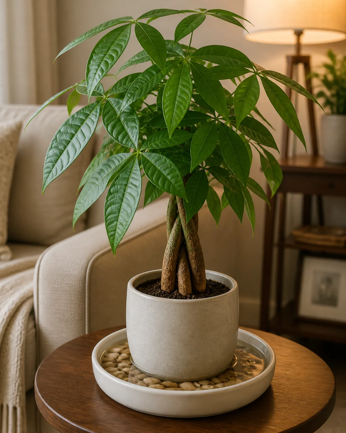 A money tree on a wooden side table in a living room with a small white pebble tray underneath the pot filled with water and pebbles for humidity with warm ambient light and a cozy home interior background